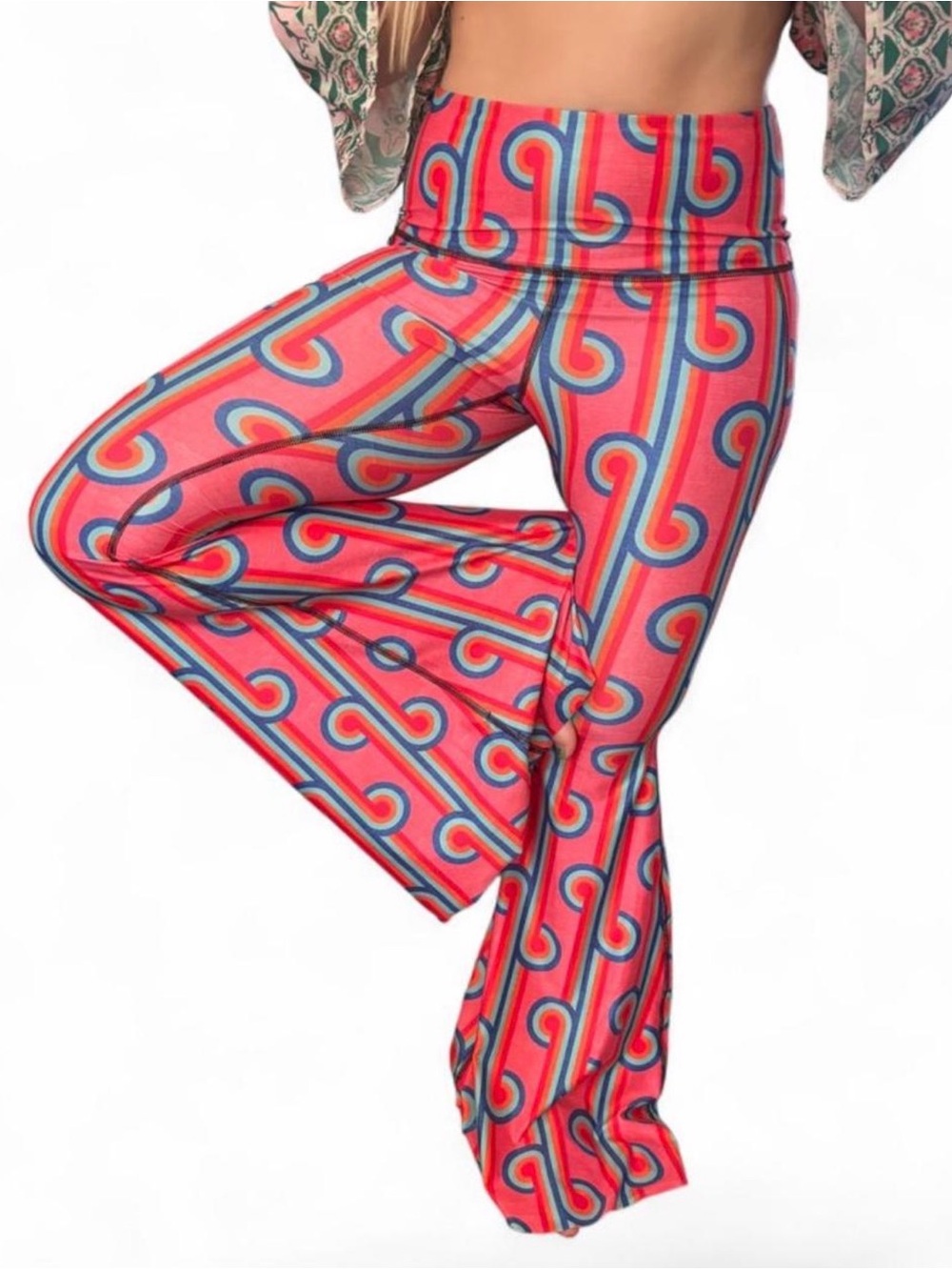 Yoga Democracy High-Rise Pink Rainbow Print Bellbottom Flare Pants Size L - Picture 2 of 6